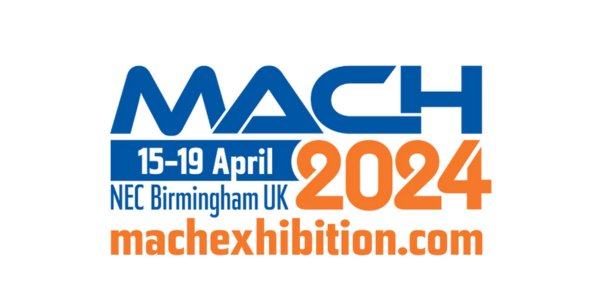 Logo for MACH 2024 exhibition and the dates 15-19 April and location at NEC Birmingham UK which Rainford Precision will be attending.